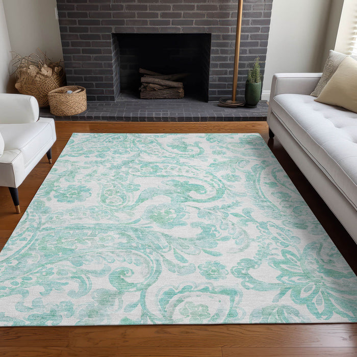 10' X 14' Paisley Washable Area Rug With UV Protection - Turquoise And Ivory