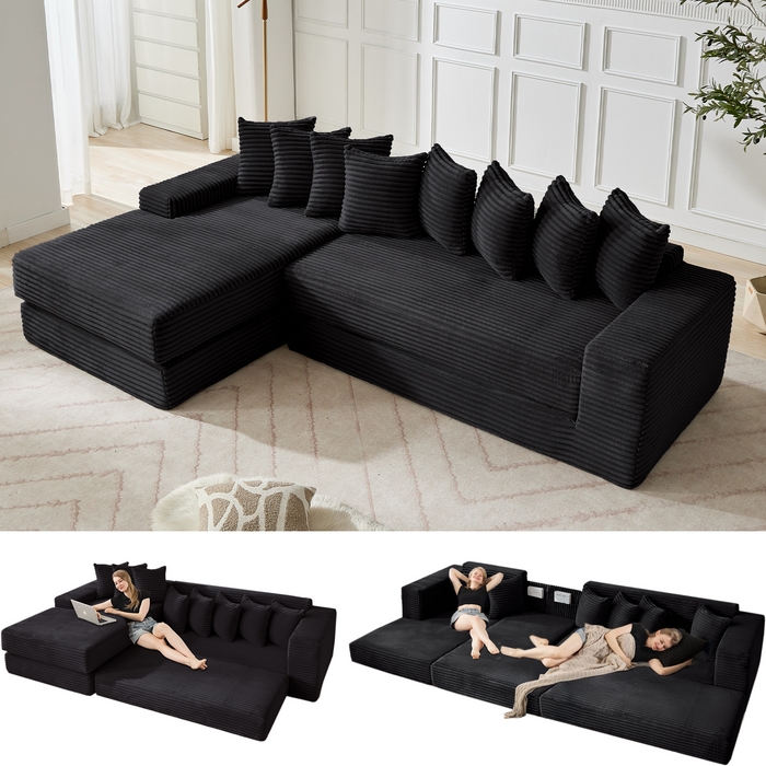 [NEW ARRIVED] [VIDEO PROVIDED] Oversize Cloud Sectional Couch, L-Shape Sofa, Convertible Floor Sleeper Sofa Bed, No Assembly ,Eight pillows,3-in-1,Side Pocket,(Left Facing Sofa),Corduroy,Black