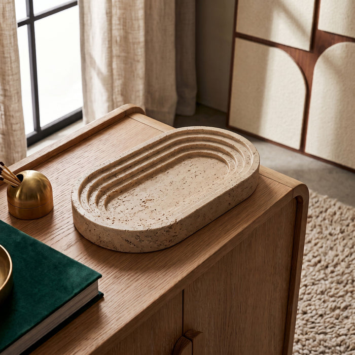 Maximus genuine marble tray in travertine by Meridian Furniture, featuring a smooth, natural stone surface and elegant rectangular shape.
