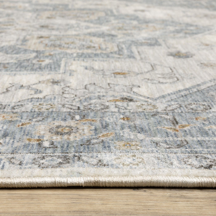 10' X 13' Medallion Distressed Area Rug With Fringe - Blue And Ivory