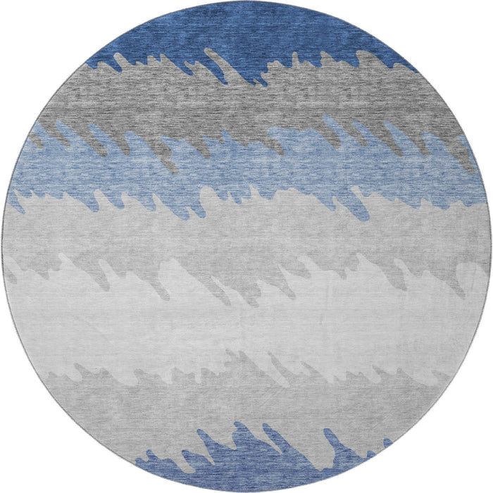 8' Transitional Striped Washable Round Rug With UV Protection - Navy Blue