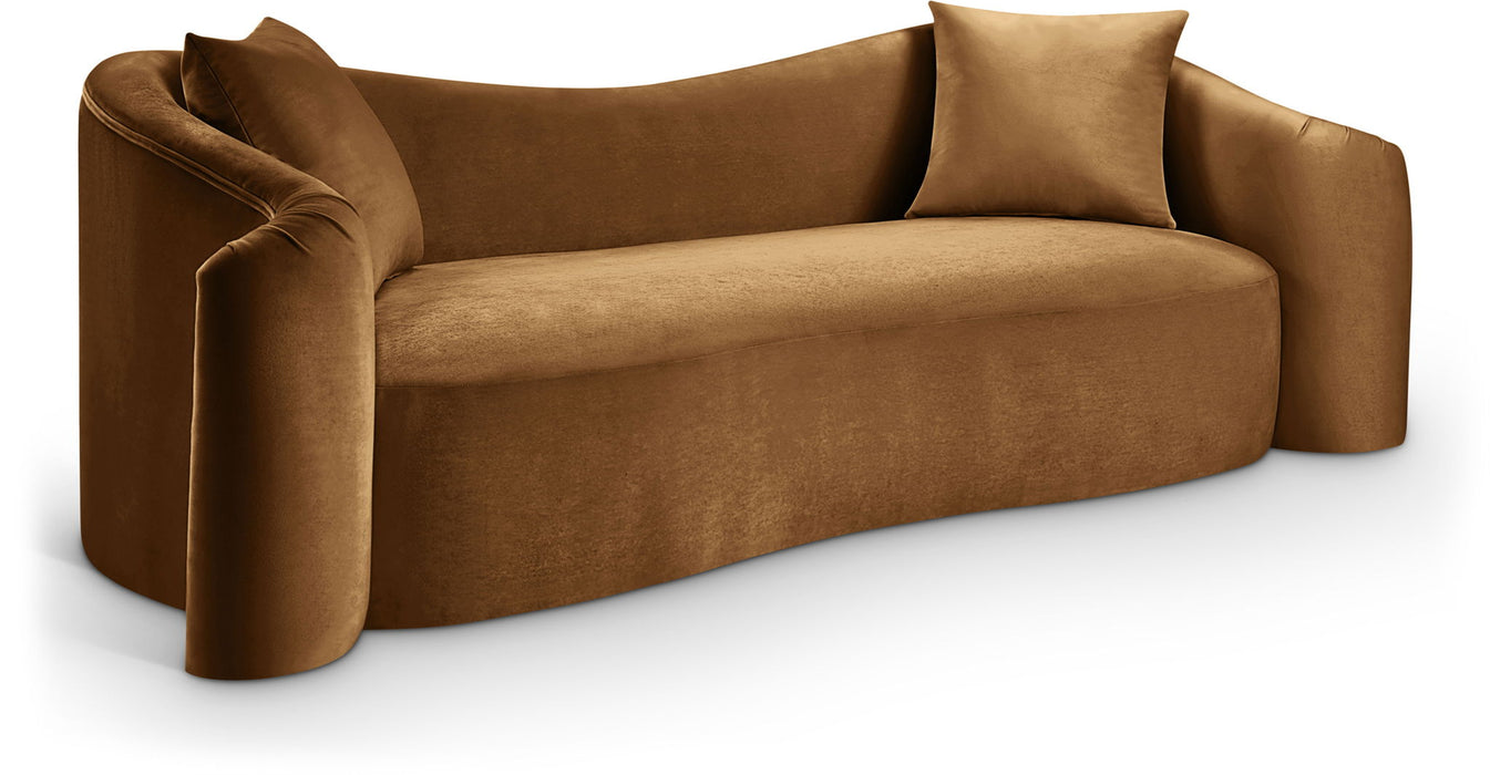 Meridian Furniture Destin Saddle Stationary Sofa with plush cushions and wooden legs in a modern living room setting