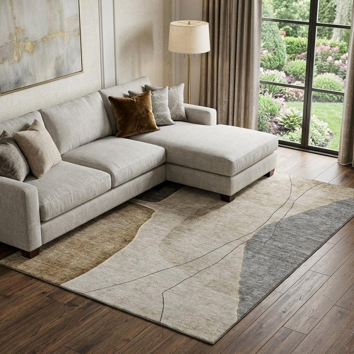 10' X 14' Abstract Washable Area Rug With UV Protection (656591) - Taupe / Beige / Gray