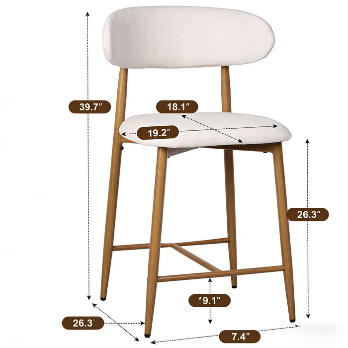 Set of two Giga beige upholstered counter height bar stools with padded seats and wooden legs for kitchen island seating.