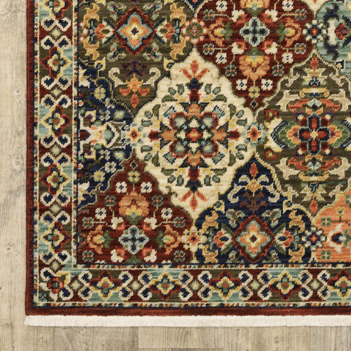 6' x 9' Oriental Power Loom Stain Resistant Area Rug With Fringe - Red Rust Navy Light Blue Brown Orange Ivory And Gold