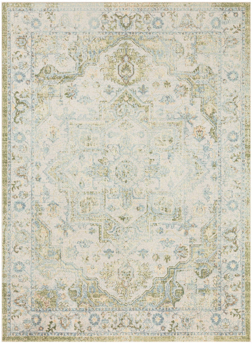 5' X 7' Floral Power Loom Distressed Area Rug (554964) - Ivory / Green