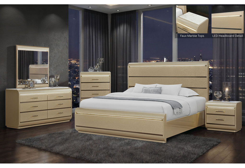 Genesis - 5 Piece Queen Bedroom Set (Bed, Dresser & Mirror, Nightstand, Chest) - Gold