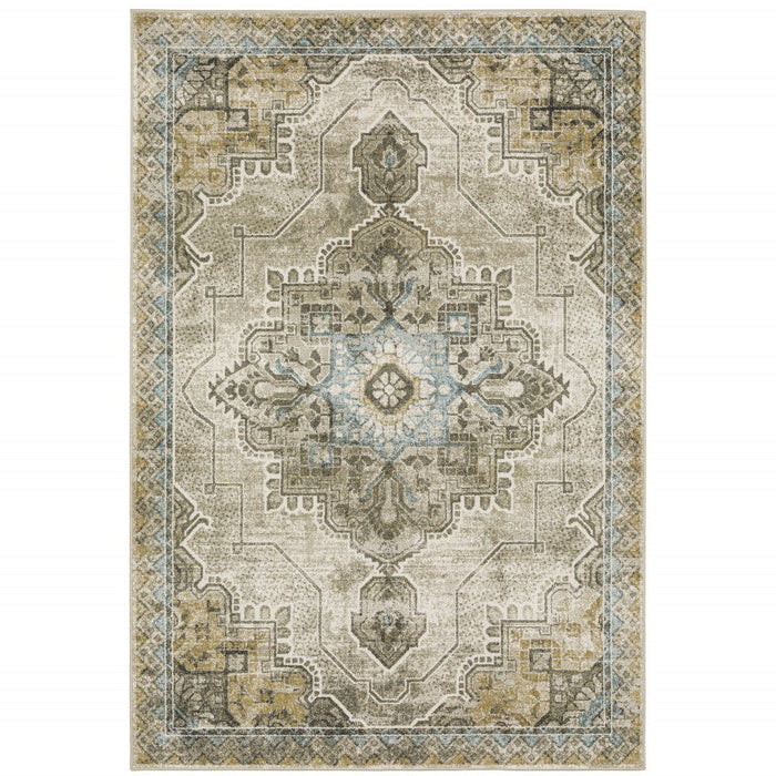 10' x 13' Oriental Power Loom Stain Resistant Area Rug - Gray Blue Beige And Gold