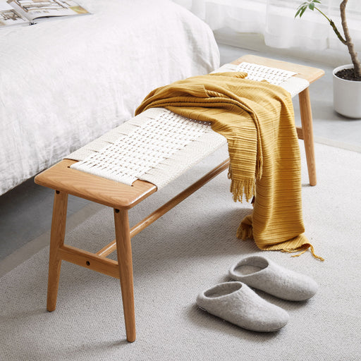White and natural oak Giga design bed bench, versatile dining and bedroom bench with sleek wooden finish.