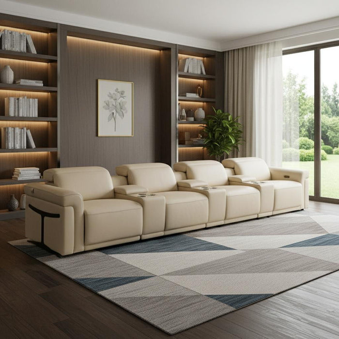 Top Grain Leather Reclining Metal USB Sofa (720372) - Beige
