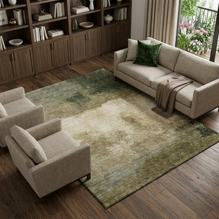 10' X 14' Abstract Washable Area Rug With UV Protection (683584) - Fern Green / Beige