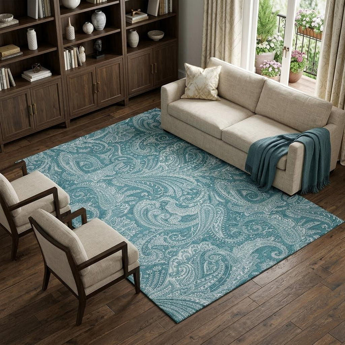 10' X 14' Paisley Washable Area Rug With UV Protection (654692) - Turquoise / Ivory