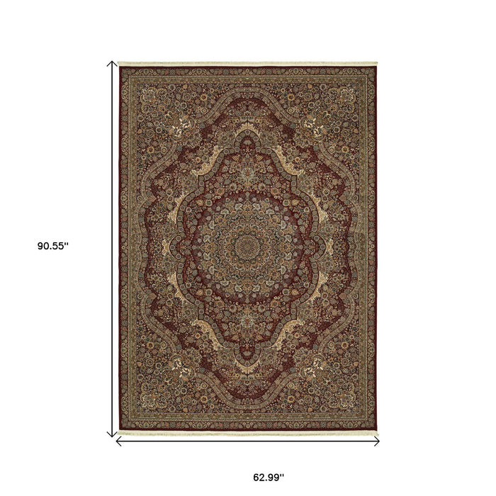 5' X 8' Medallion Area Rug With Fringe - Red And Gold
