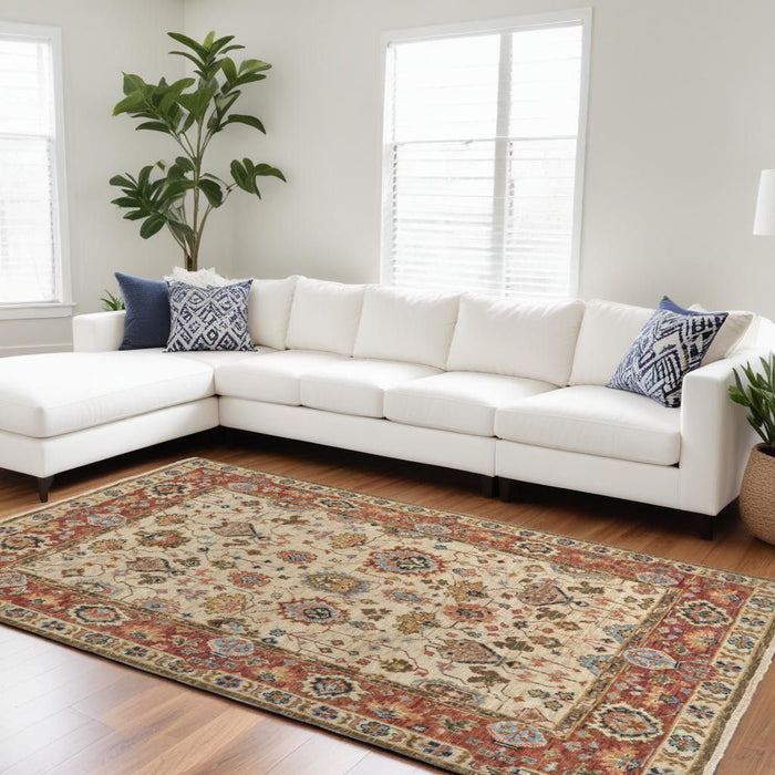 9' x 12' Wool Floral Hand Knotted Area Rug With Fringe - Red And Ivory