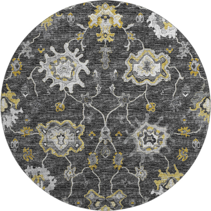 8' Floral Medallion Distressed Washable Round Rug With UV Protection (644613) - Graphite / Ivory / Gold