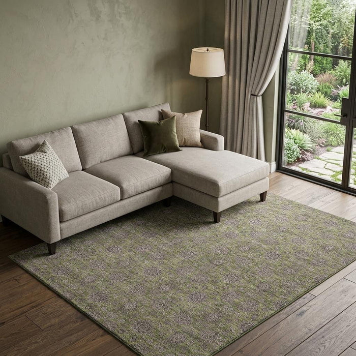 10' X 14' Floral Washable Area Rug With UV Protection (656849) - Olive Green / Beige