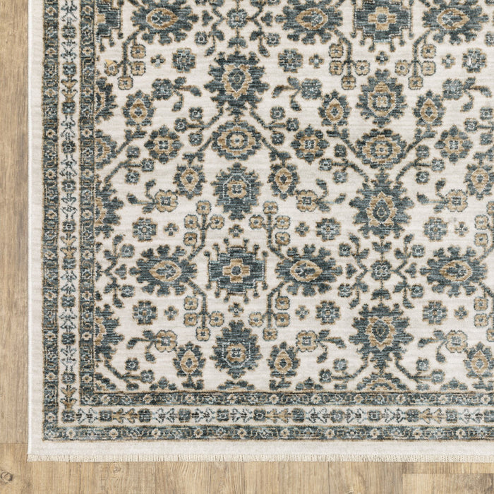 10' X 13' Floral Area Rug With Fringe (575136) - Ivory / Blue