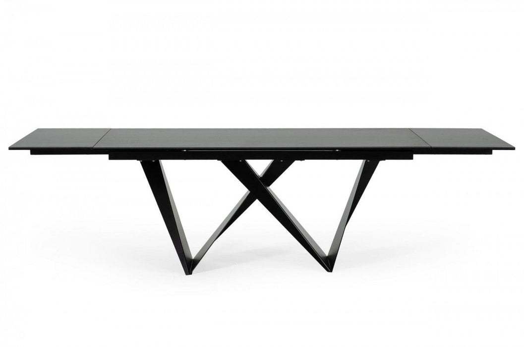 Ceramic Metal Self-Storing Leaf Pedestal Base Extendable Dining Table - Black