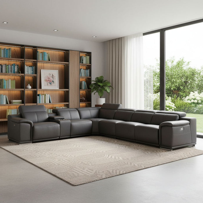 Italian Leather Power Reclining U Shaped Seven Piece Corner Sectional With Console - Gray