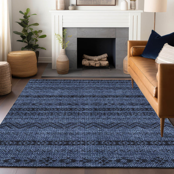 8' X 10' Southwestern Washable Area Rug With UV Protection - Navy Blue And Gray
