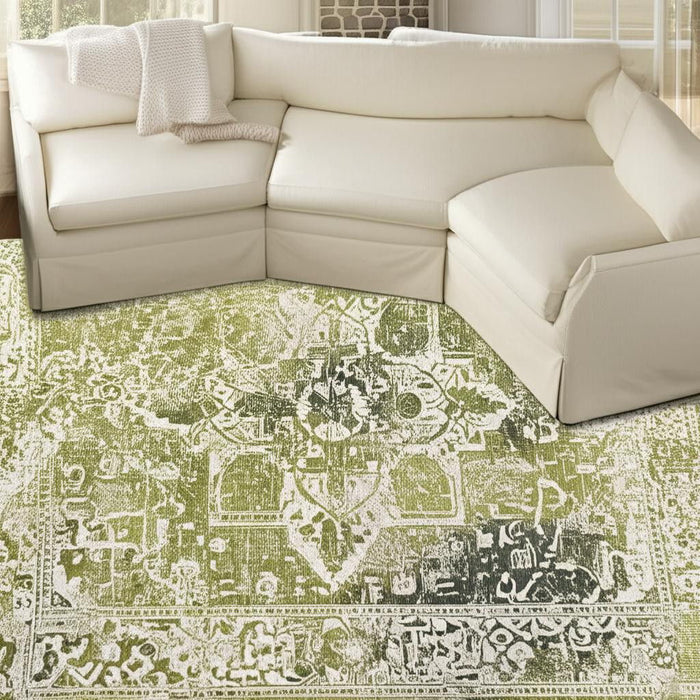 8' X 11' Tribal Washable Area Rug With UV Protection (609879) - Green / Beige