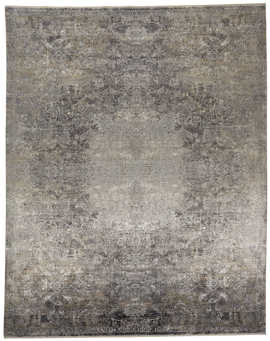 7' x 10' Oriental Power Loom Worn Faded Area Rug - Tan And Gray