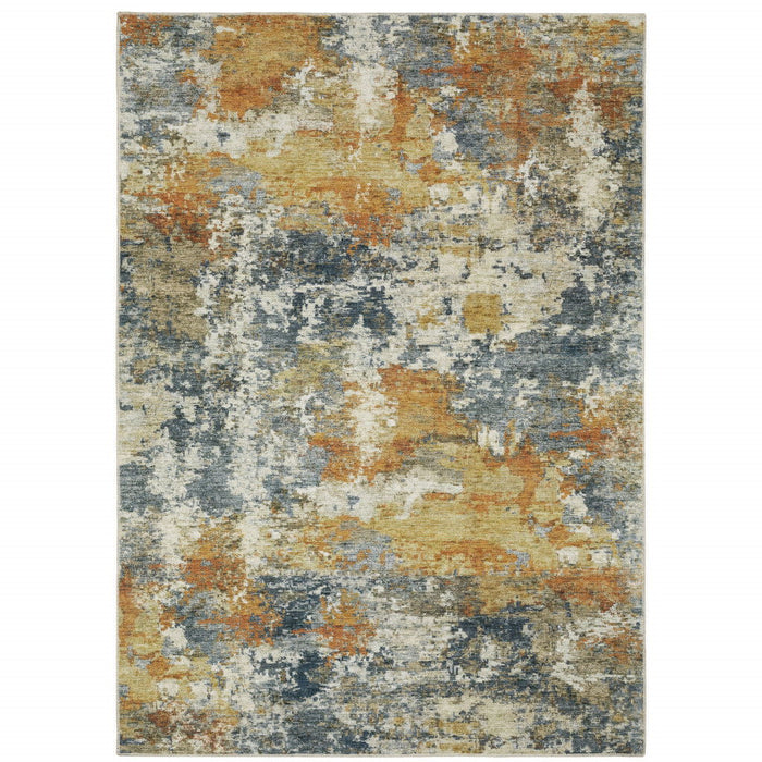 8' x 10' Abstract Printed Stain Resistant Non Skid Area Rug - Teal Blue Orange Gold Gray Tan Brown And Beige