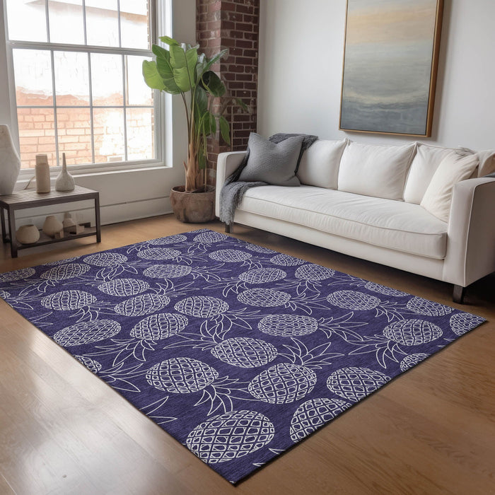 10' X 14' Boical Leaves Washable Area Rug With UV Protection - Blue And Ivory