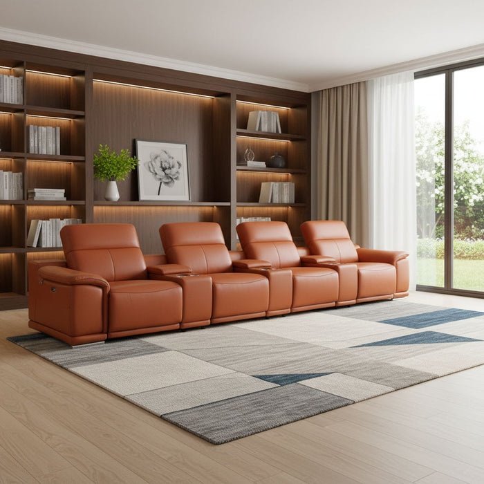 Italian Leather Reclining Metal USB Sofa (720413) - Camel