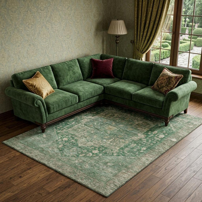 10' X 14' Oriental Washable Area Rug With UV Protection (692412) - Emerald / Ivory / Taupe