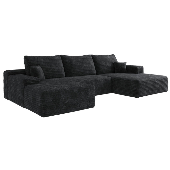 2 Piece Living Room Set Corduroy Modular Compression Foam Sofa & Ottoman Toss Pillows - Black