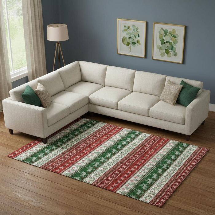 10' X 14' Abstract Geometric Washable Area Rug With UV Protection (701912) - Red / Green / Ivory