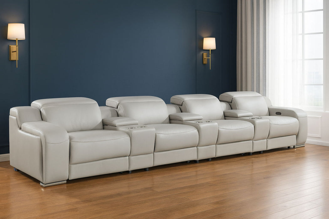 169" Italian Leather Reclining USB Sofa - Light Gray