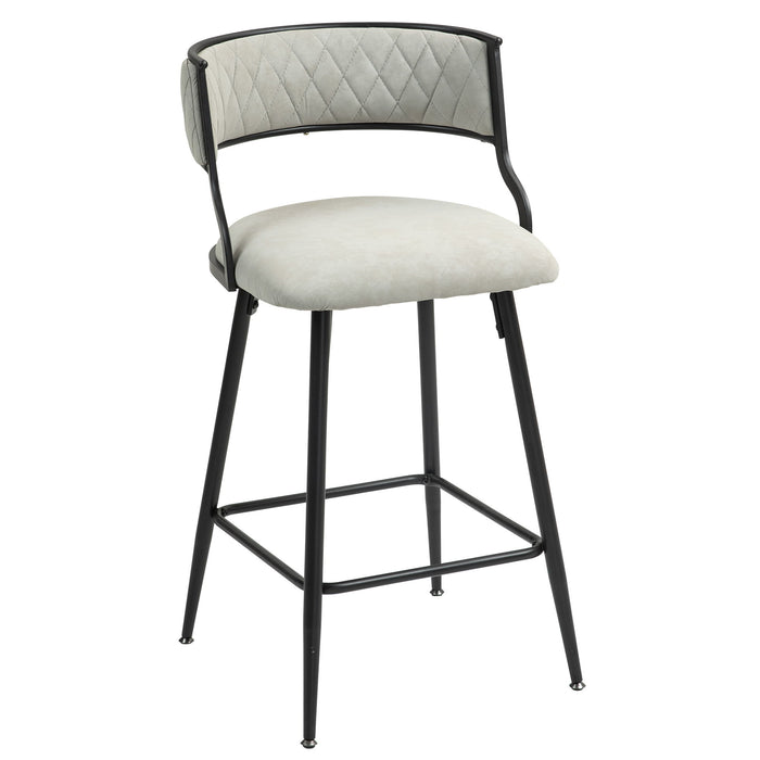Set of two Giga counter height bar stools with powder-coated bases and footrests, featuring sleek seat designs.