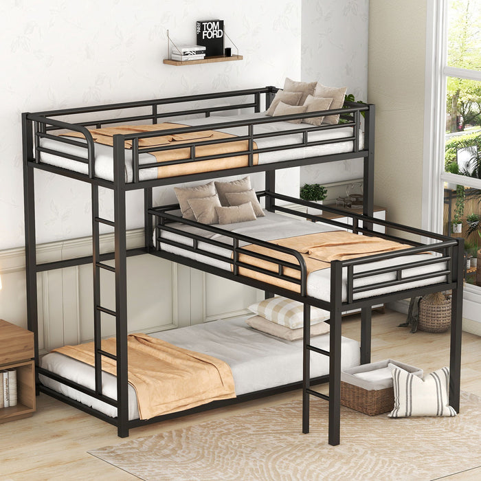 Black Giga L-shaped triple twin bunk bed with integrated ladder, full-length guardrails, industrial design, and space-saving layout.