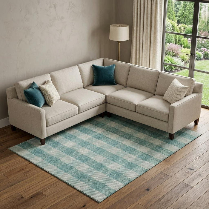 10' X 14' Plaid Washable Area Rug With UV Protection (673501) - Teal / Ivory