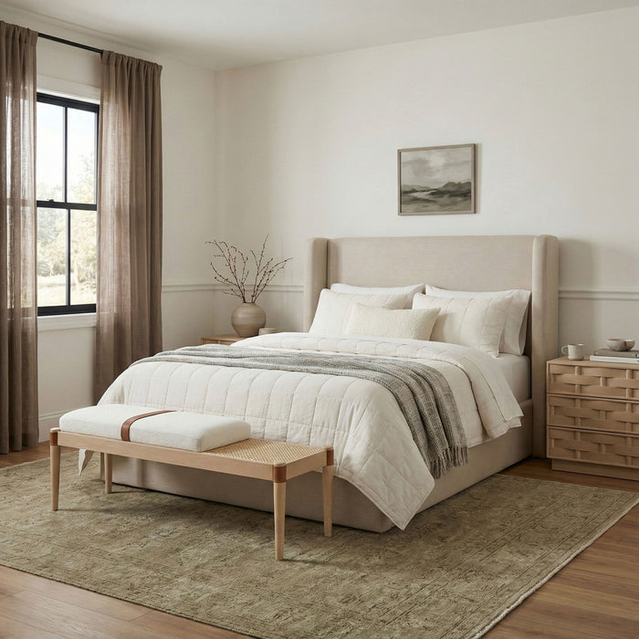 Nara - Linen Textured Fabric Upholstered Bench - Painted Natural