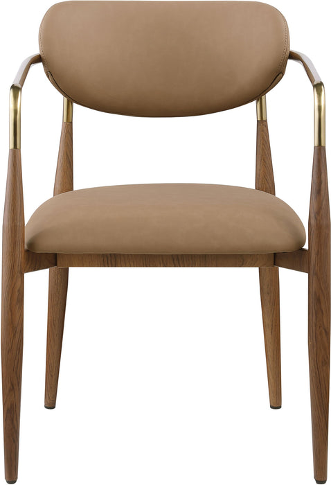 Vegan leather upholstered Meridian Furniture Ronda dining arm chair with walnut wood legs, stylish and comfortable for dining rooms.