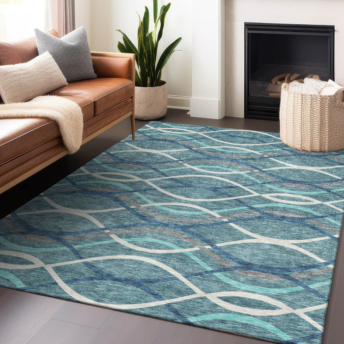 9' X 12' Transitional Abstract Washable Area Rug With UV Protection - Teal