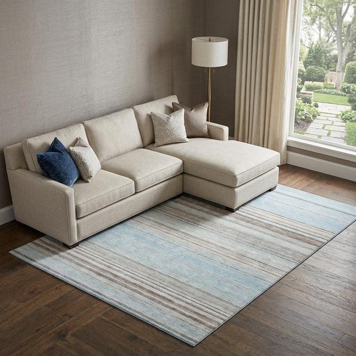 10' X 14' Striped Washable Area Rug With UV Protection (677333) - Sky Blue / Gray / Ivory
