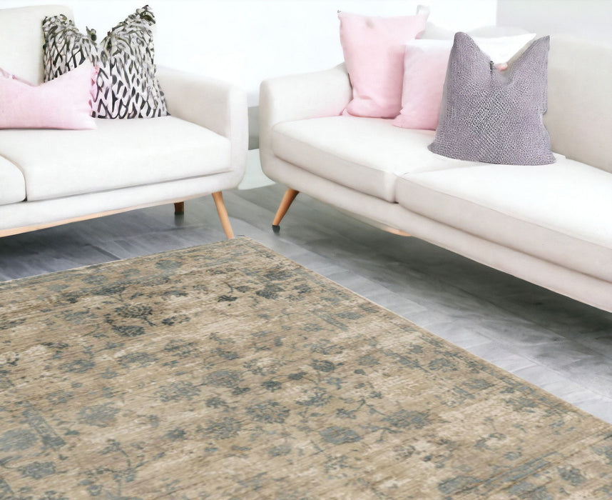 9' x 12' Floral Vines Hand Loomed Distressed Area Rug - Blue