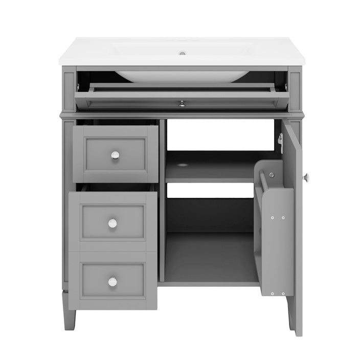 Giga bathroom vanity with top sink, storage cabinet, two drawers, and tip-out drawer for organized bathroom storage.