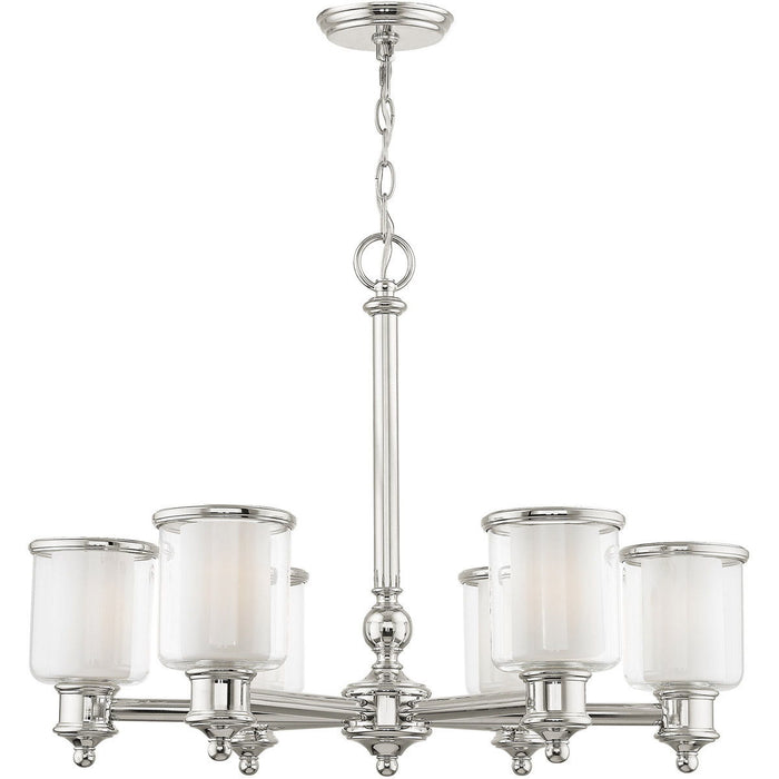Six-light metal chandelier with shades in nickel, clear, and opal finishes, featuring a modern design from HomeRoots.