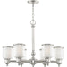 Six-light metal chandelier with shades in nickel, clear, and opal finishes, featuring a modern design from HomeRoots.