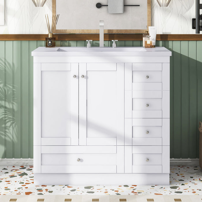 Giga shaker free-standing bathroom vanity cabinet with sink, soft-close drawers and doors, in a modern white finish.