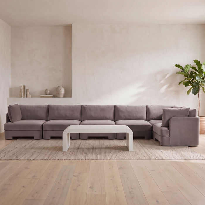 Meridian Furniture Hammond velvet performance fabric L-shaped sectional sofa with six upholstered stationary sections.