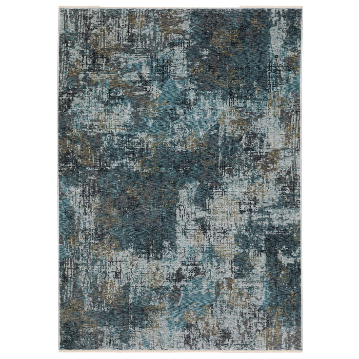 8' X 11' Abstract Distressed Area Rug With Fringe - Blue And Gray