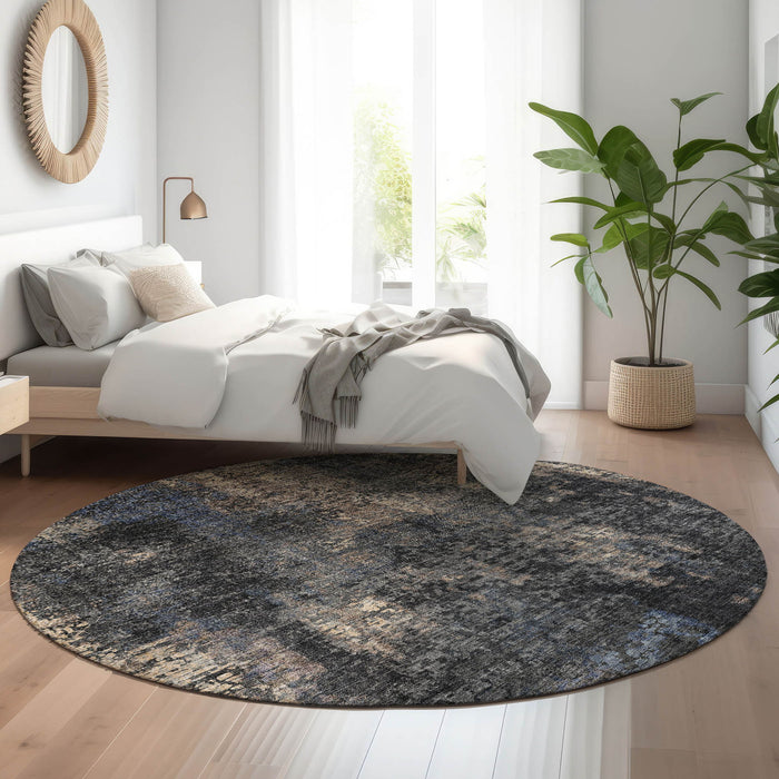 8' Abstract Washable Round Rug With UV Protection - Charcoal And Beige