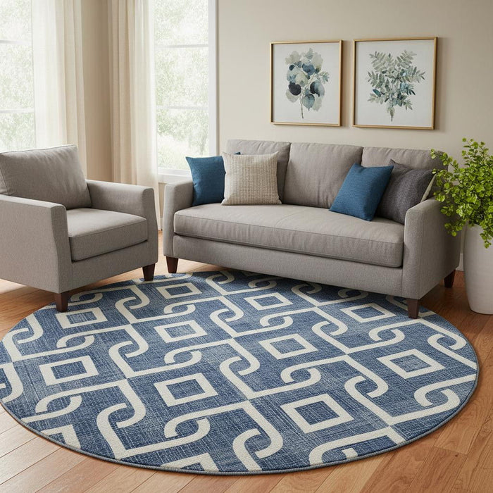 8' Geometric Washable Round Rug With UV Protection (652536) - Navy Blue / Ivory