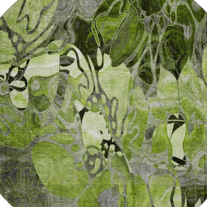 8' Abstract Distressed Washable Round Rug With UV Protection (648979) - Fern Green / Gray